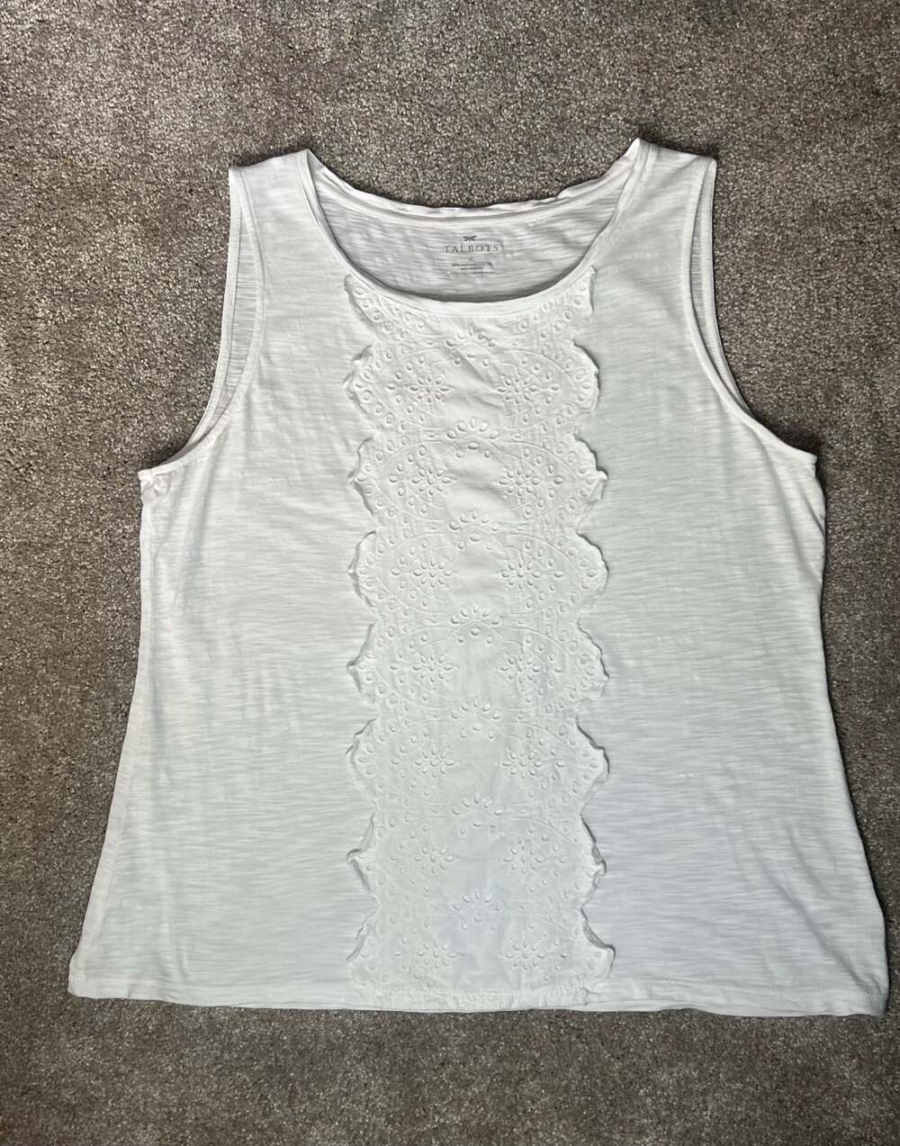 Talbots White Lace Eyelet Front Slub Knit Sleeveless Tank Top